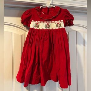 Little English Girls 2t Red Corduroy Christmas Dress with Smocked Green Presents